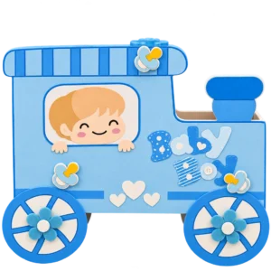 Blue Baby Boy train gift box with a smiling baby at the window