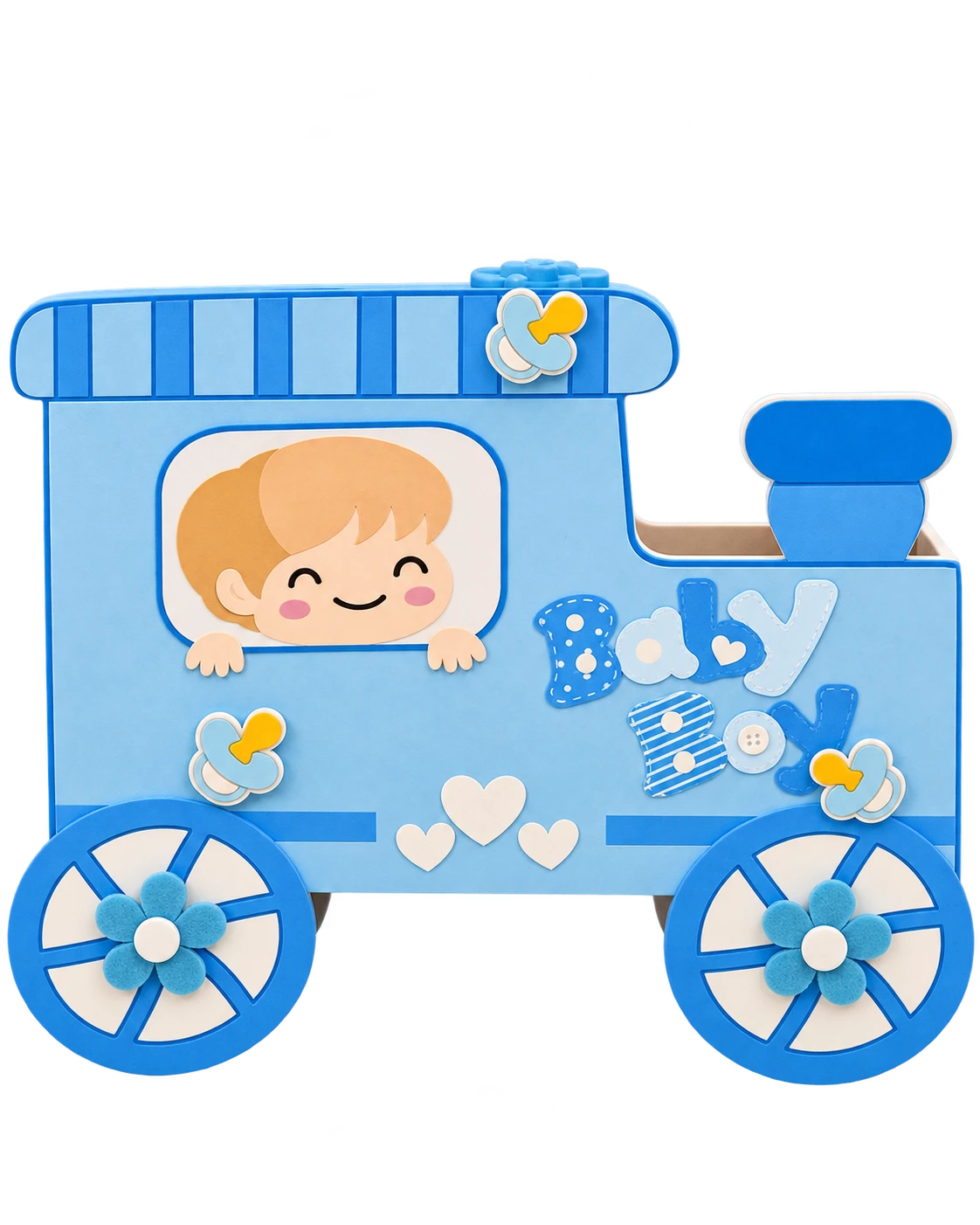 Blue Baby Boy train gift box with a smiling baby at the window