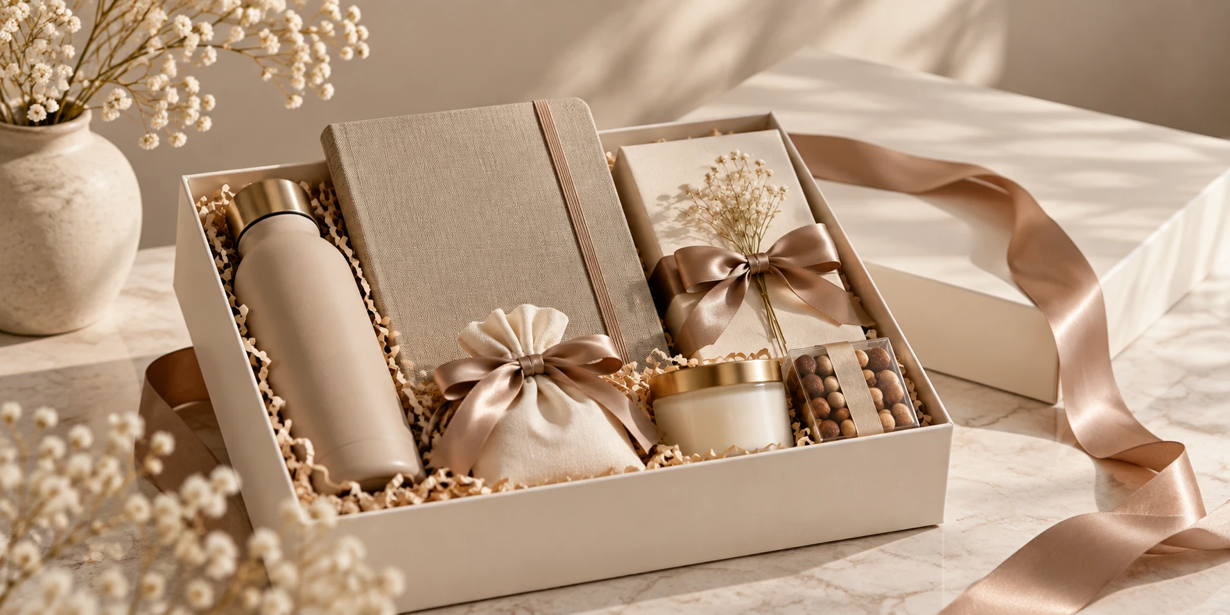 Corporate gift hamper with notebook, bottle and candle