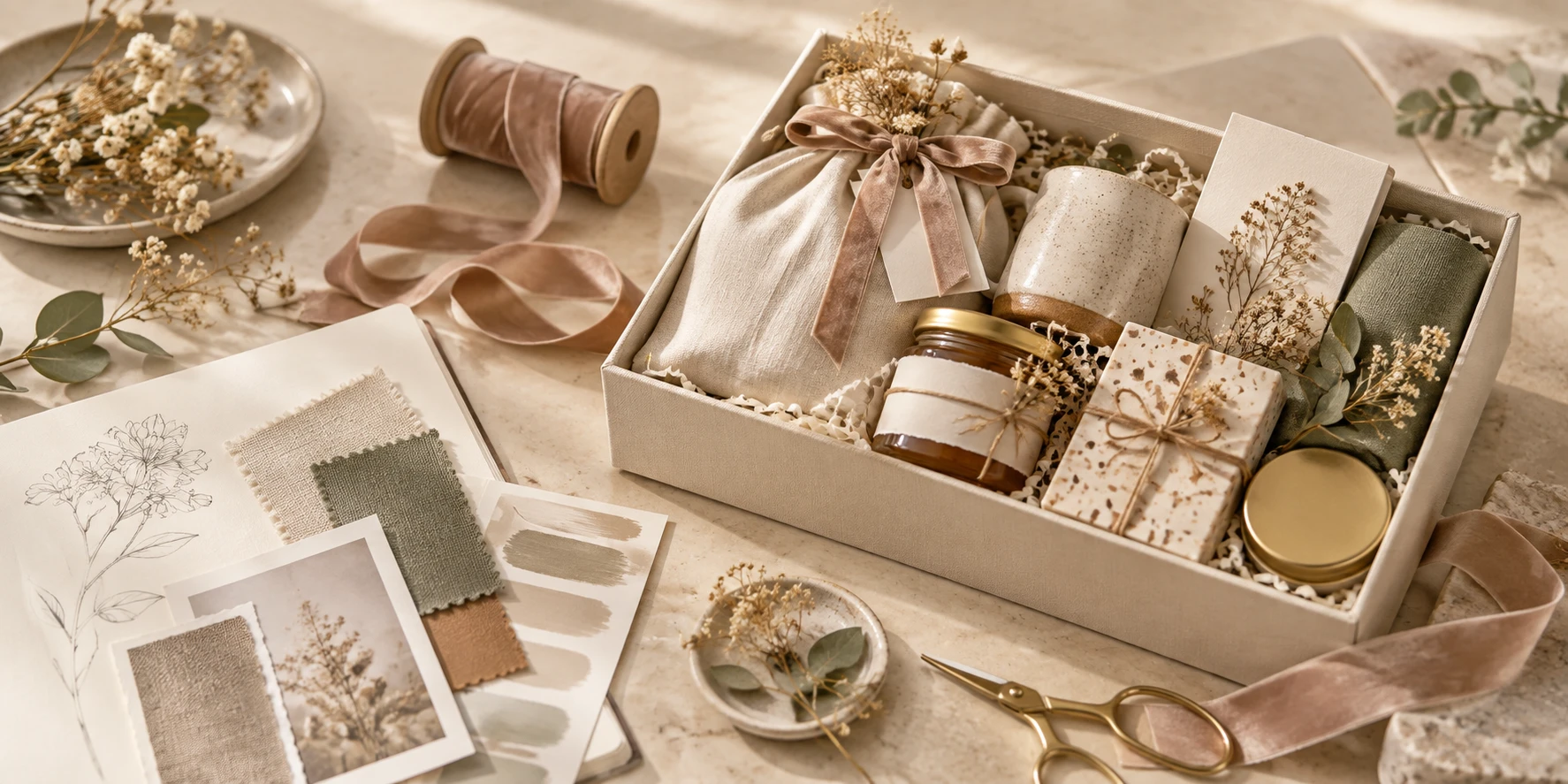 Custom gift box with fabric swatches and design sketches
