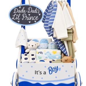 Royal blue It's a Boy wardrobe cart with a Dada-Dadi's Lil Prince sign, baby clothes and toys