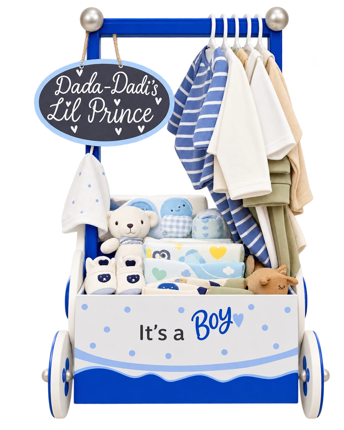 Royal blue It's a Boy wardrobe cart with a Dada-Dadi's Lil Prince sign, baby clothes and toys