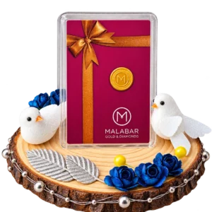 Wood slice display stand for a gold coin card with two white doves, blue roses, silver leaves and a silver bead border