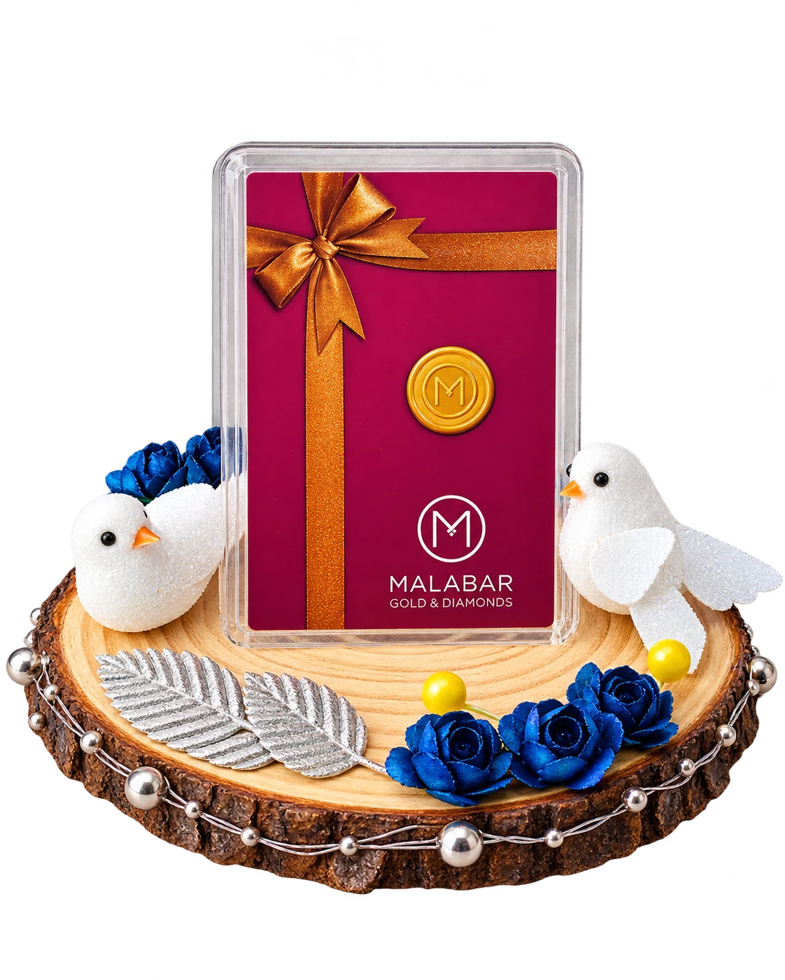 Wood slice display stand for a gold coin card with two white doves, blue roses, silver leaves and a silver bead border