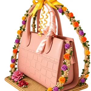 Pink handbag gift presented on a jute tray under a rope arch of colourful roses with a yellow satin bow