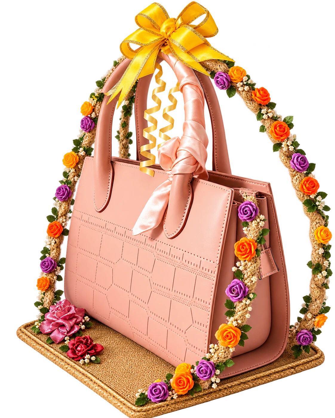 Pink handbag gift presented on a jute tray under a rope arch of colourful roses with a yellow satin bow