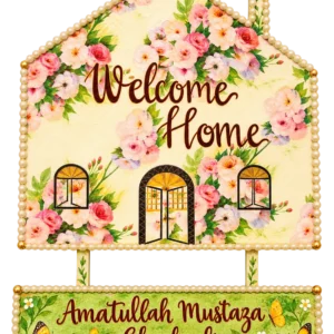 Floral house nameplate with Welcome Home lettering, pink roses and a hanging name panel