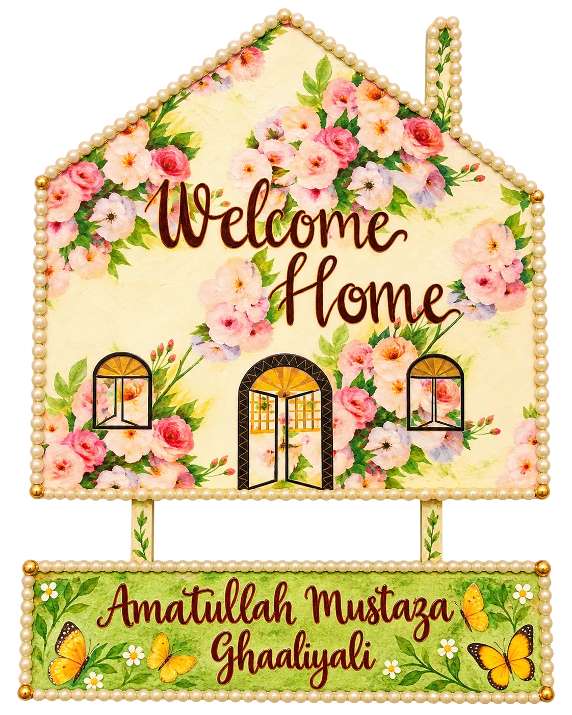 Floral house nameplate with Welcome Home lettering, pink roses and a hanging name panel