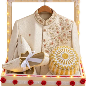 Wooden framed tray with fairy lights holding an embroidered cream groom jacket, matching shoes and a cap