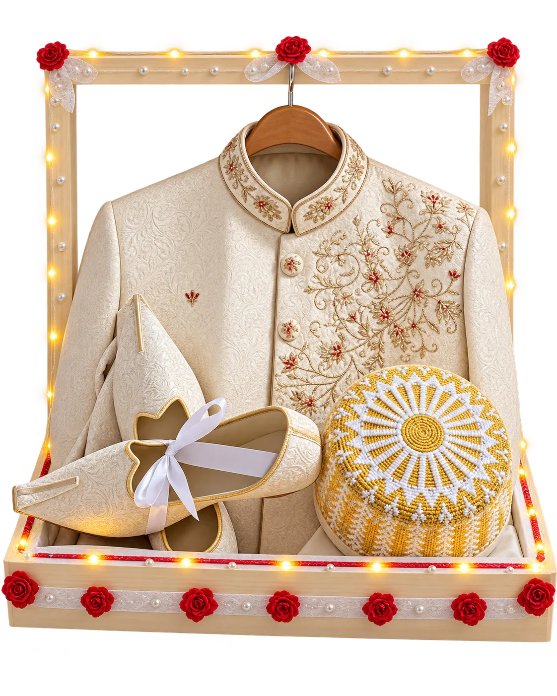 Wooden framed tray with fairy lights holding an embroidered cream groom jacket, matching shoes and a cap