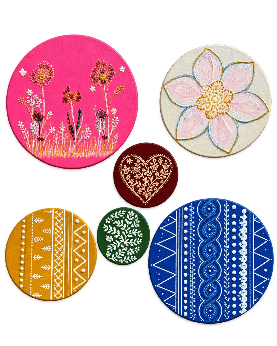 Set of six hand-painted round wall art pieces in pink, cream, maroon, mustard, green and blue