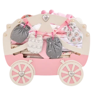 Cream and pink heart carriage baby girl hamper with blankets and baby mittens