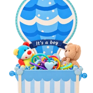 Blue hot air balloon baby boy hamper with soft toys and rattles