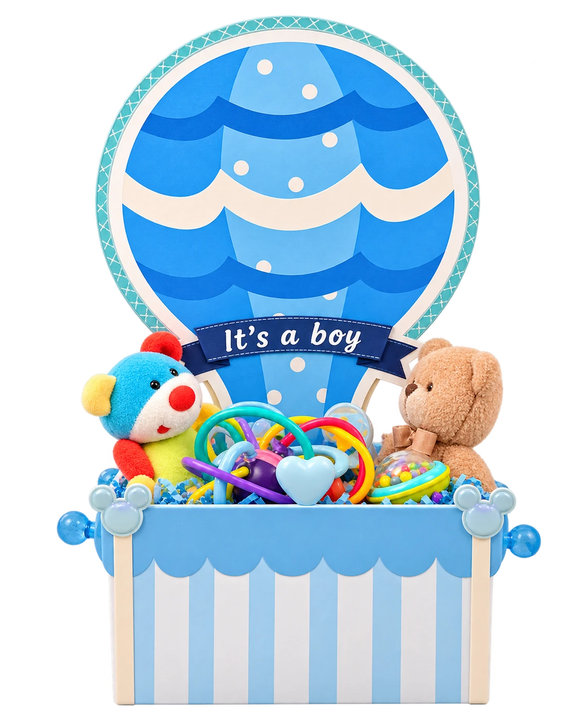 Blue hot air balloon baby boy hamper with soft toys and rattles