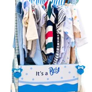 Light blue It's a Boy wardrobe cart with baby clothes on blue hangers