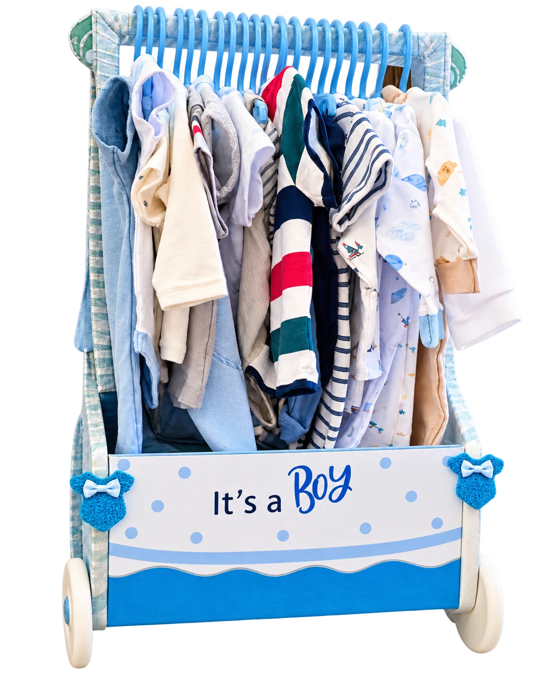 Light blue It's a Boy wardrobe cart with baby clothes on blue hangers