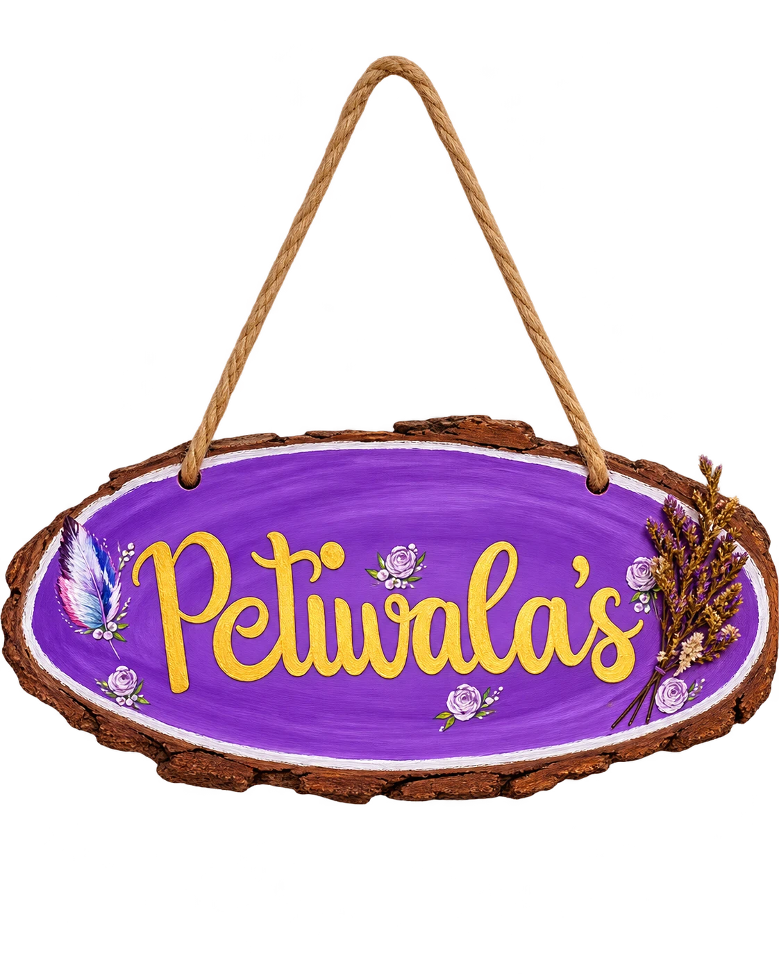 Purple wood slice nameplate with gold lettering, a painted feather and dried lavender