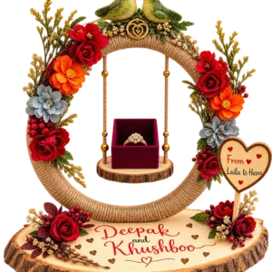 Jute rope hoop ring stand with lovebirds, red and orange flowers, a swing holding a ring box and a wood slice name base