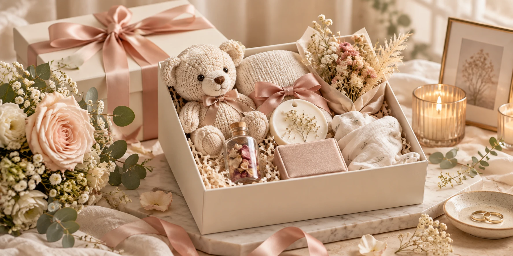Milestone keepsake box with teddy bear and dried flowers