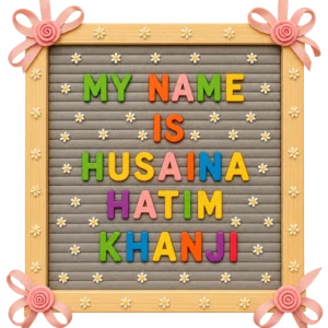 Wooden-framed grey felt letter board reading My Name Is with colourful letters, daisies and pink ribbon roses
