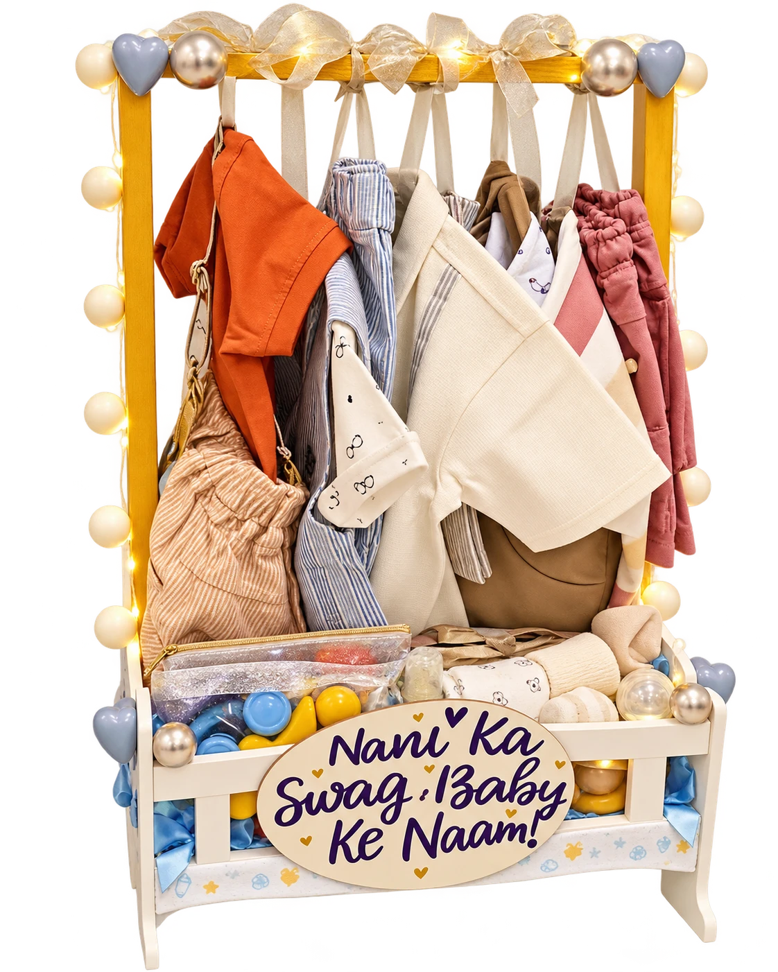 Wardrobe style baby hamper with a Nani Ka Swag, Baby Ke Naam sign, baby clothes, toys and fairy lights