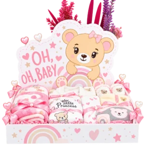 Pink Oh Baby gift tray with a teddy bear panel, baby blanket and clothes tied with satin ribbon