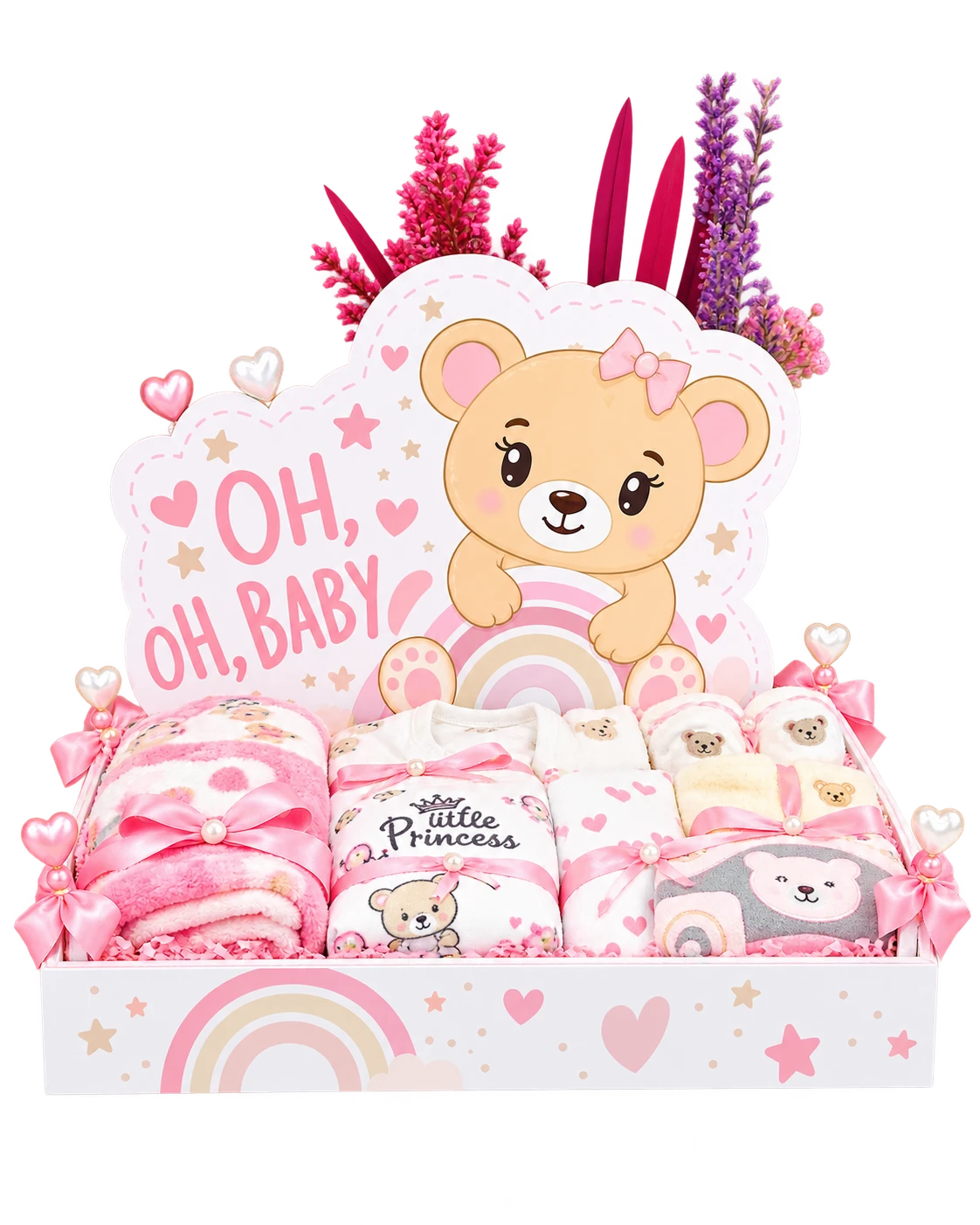 Pink Oh Baby gift tray with a teddy bear panel, baby blanket and clothes tied with satin ribbon
