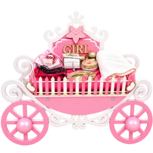 Pink and white princess carriage baby girl hamper with a gold GIRL sign