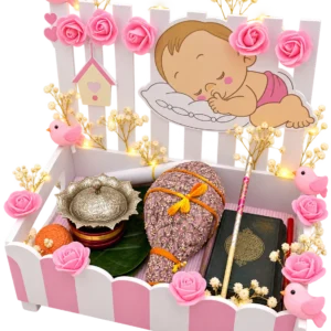 White and pink picket fence blessings tray with a sleeping baby panel, silver bowl and Quran