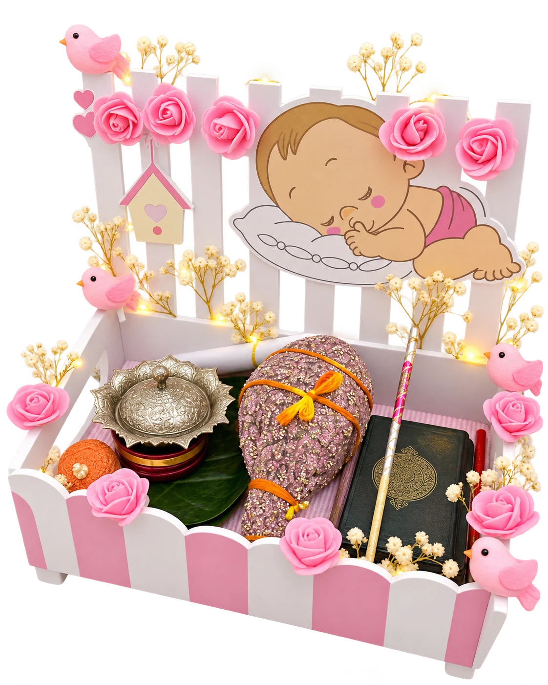 White and pink picket fence blessings tray with a sleeping baby panel, silver bowl and Quran