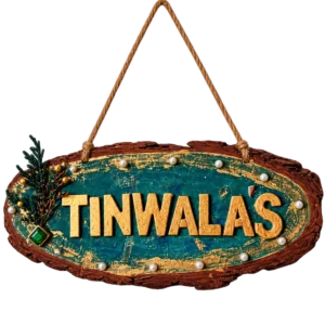 Teal and gold rustic wood slice nameplate with raised gold letters and pearls