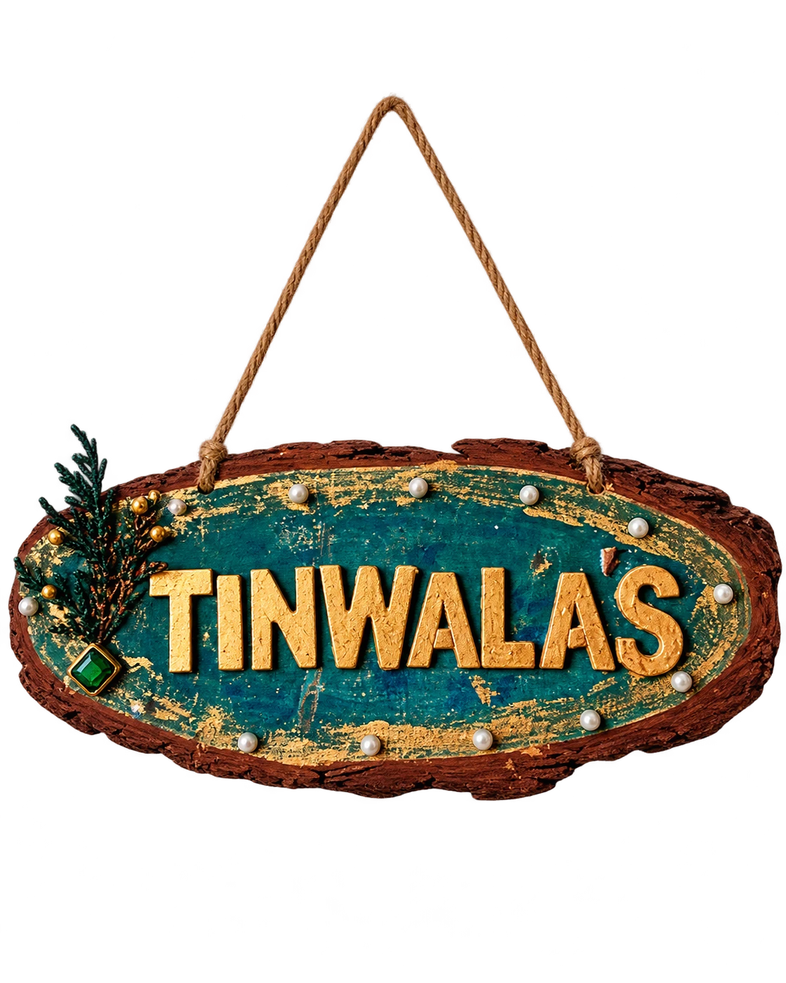 Teal and gold rustic wood slice nameplate with raised gold letters and pearls