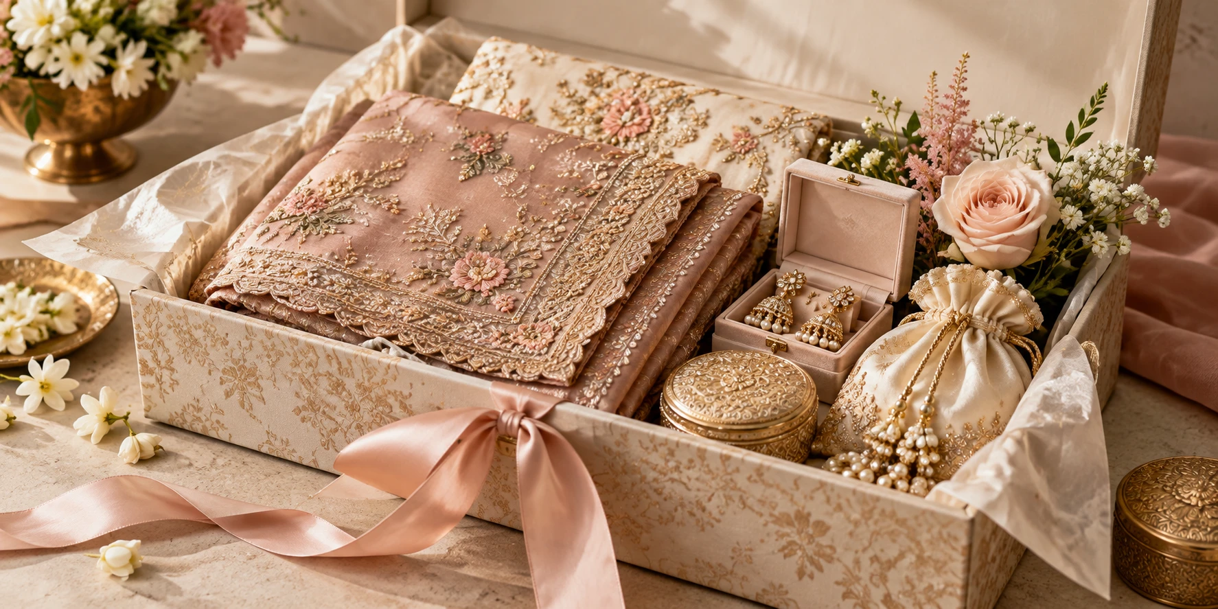 Wedding trousseau box with embroidered fabric and jewellery